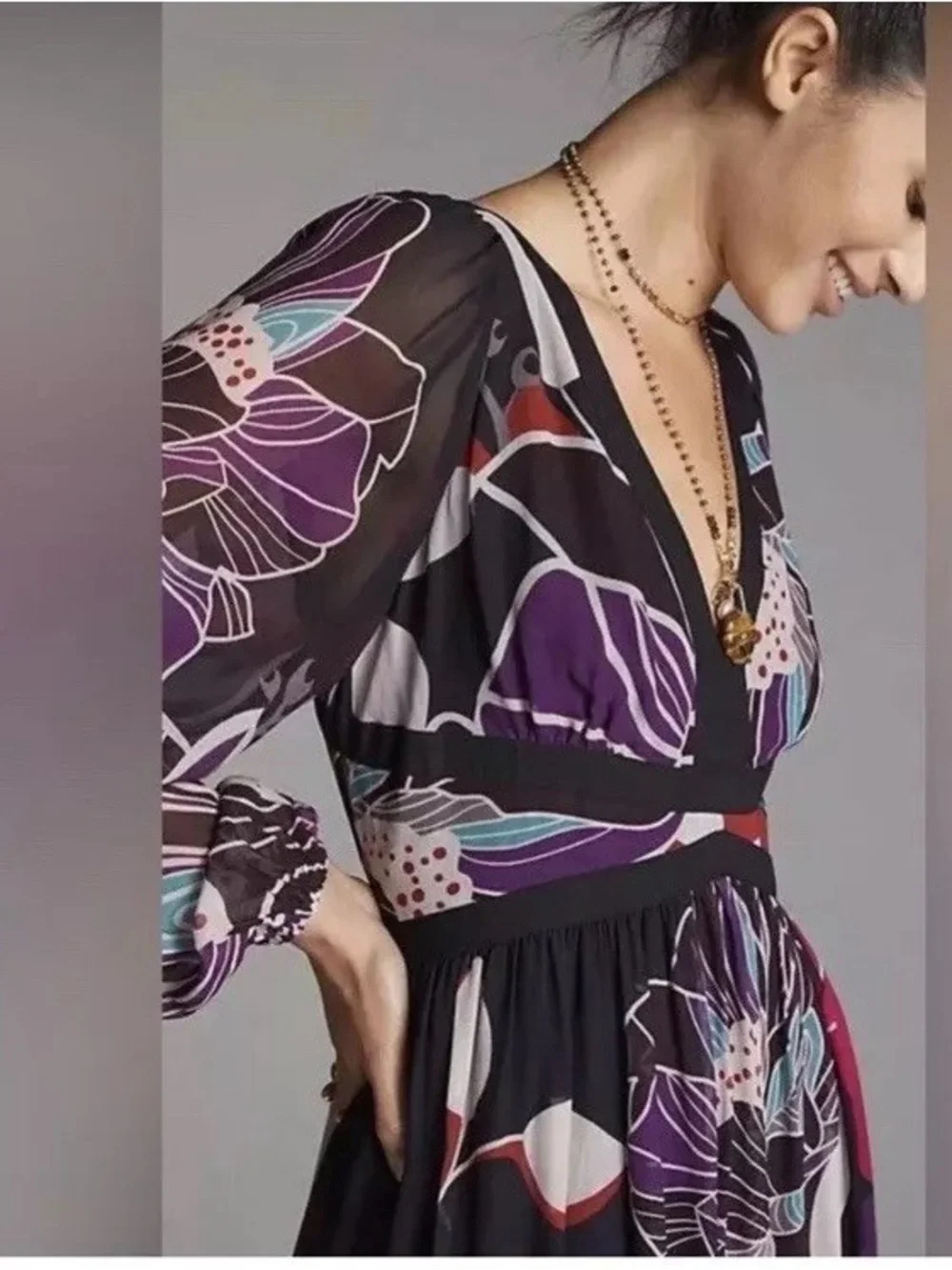 Anthropologie Let Me Be Floral Midi Dress in Black Size L - Picture 4 of 13